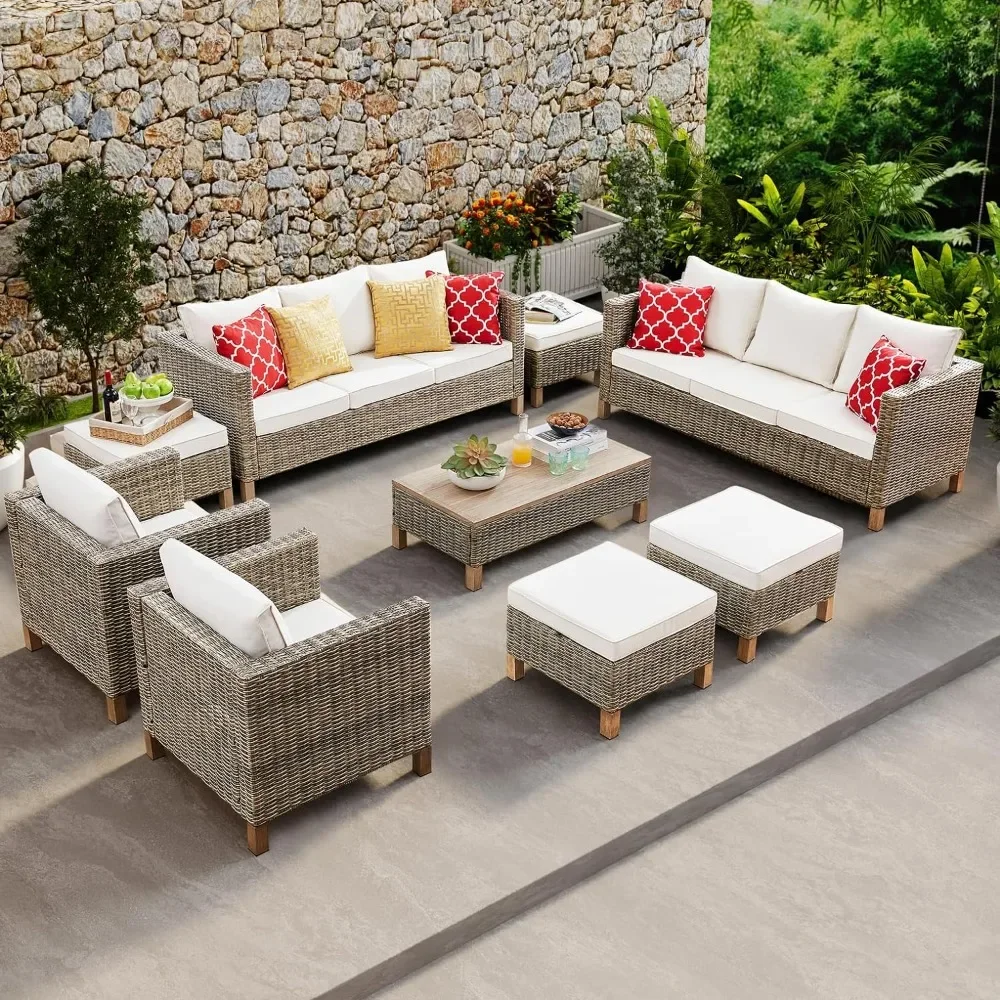 

9 Pieces Patio Furniture Sets All Weather Reinforced Wicker Rattan Sectional Sofa w/ Metal Top Coffee Table for Porch, Poolside