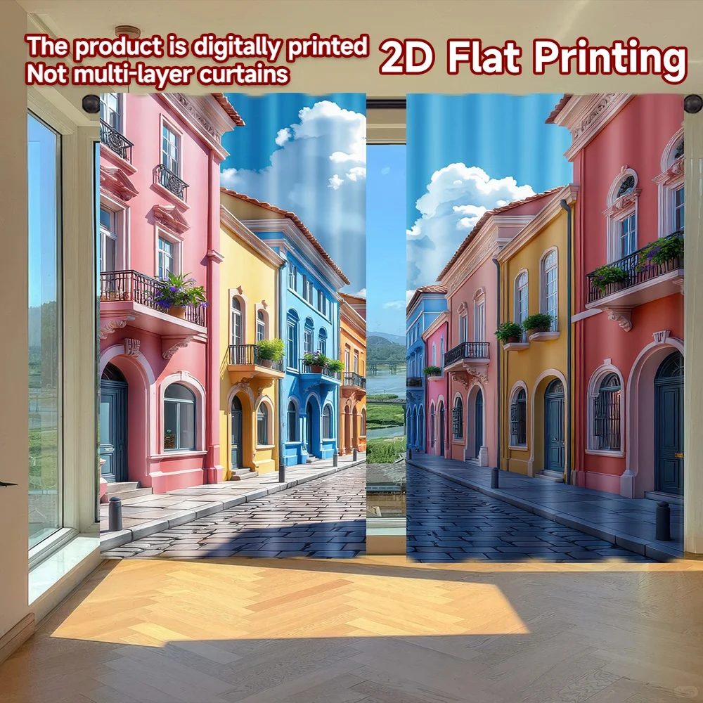 2D flat printing 2pcs Curtain Colorful Urban Street Scene Digital Printed Polyester Drapes Family Party for Art Party for
