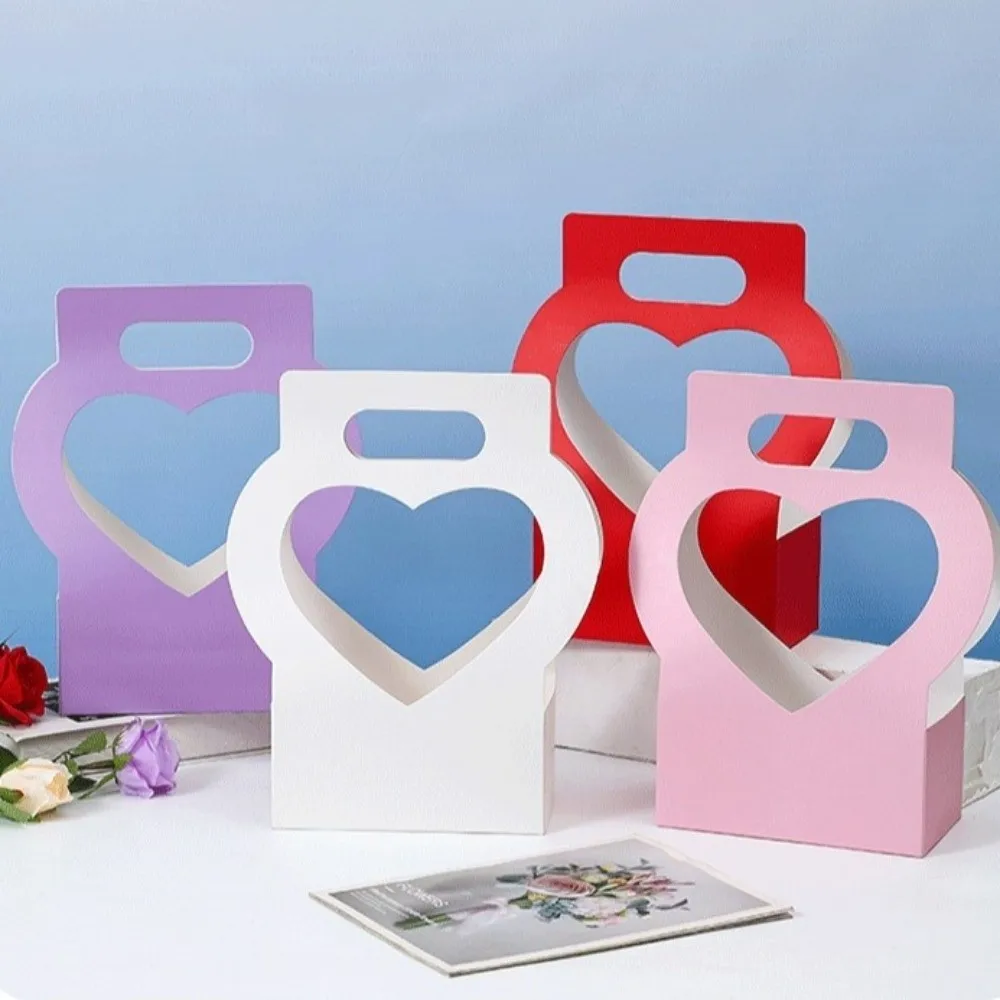 3PCS Heart-Cutout Flower Gift Box Romantic Portable Paper Flower Box With Handle Foldable Floral Wrap Box Floral Arrangements view 5