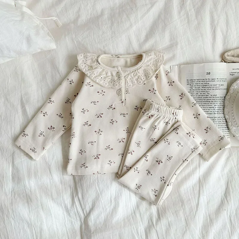 2024 Autumn Baby Pajamas Suit 0-2Y Lace Ruffled Collar Girls Sleep Clothing 2PCS Set Toddler Sweet Floral Home Wear