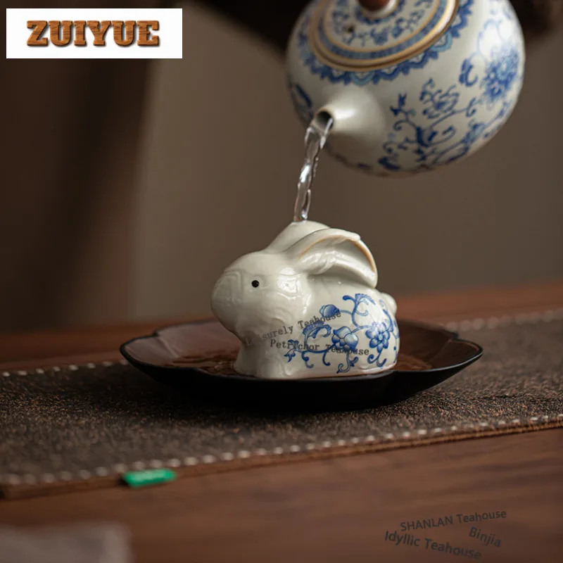 Ru Kiln Interlock Branch Lotus Decoration Rabbit Tea Pet Creative Fish Tank Landscaping Tea Figurine Play Toys Tea Statue Craft