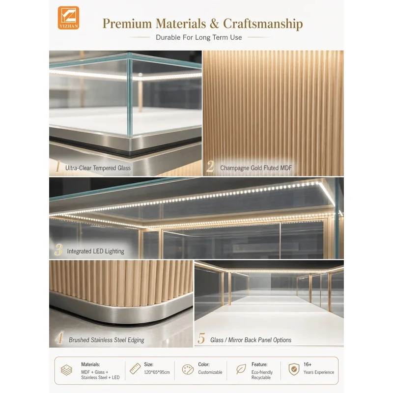 custom.Gold Jewelry Rectangular Display Showcase LED Lighting Heavy Duty Eco-Friendly Luxury Stainless Steel Retail Cabinet