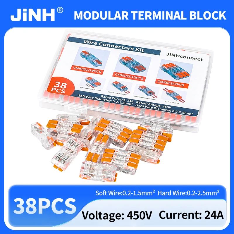 JINH Compact Transparent Junction Connector Box (38 Pieces) CMK651/2/3, 1 to 3 Way Inline Splicing, Push-to-Connect, 2.5mm²