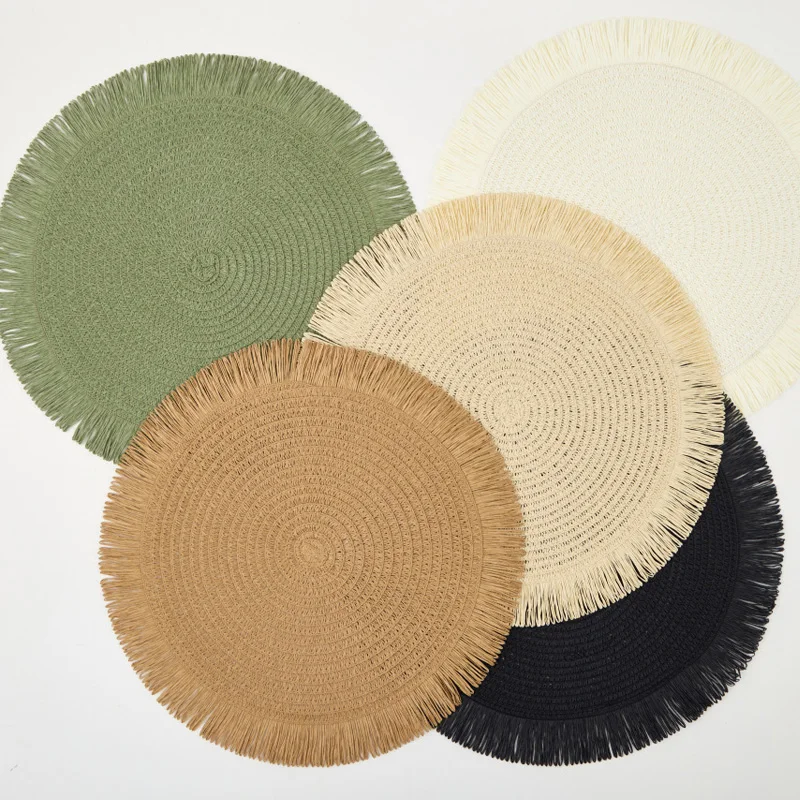 Round Braided Placemats Fringe Paper Table Mats Hand Woven Non-slip Insulation Place Mats Tea Cup Pad Dining Table Decorations