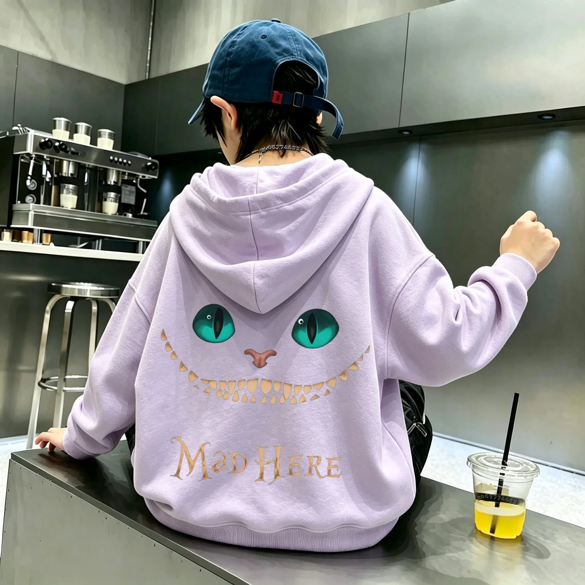Children's Hooded Sweatshirt, Trendy and Cool,kitten Green Eyes,sharp Teeth,smiling Face Print,large-sized Children's Hooded Top