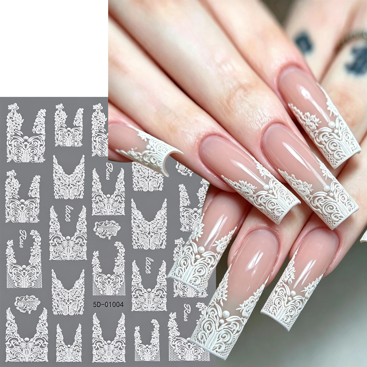 1/2Pcs 5D White Black Lace Nail Sticker V-Shaped French Tip Lace Butterfly Floral Self Adhesive Decals Wedding Nail Sliders