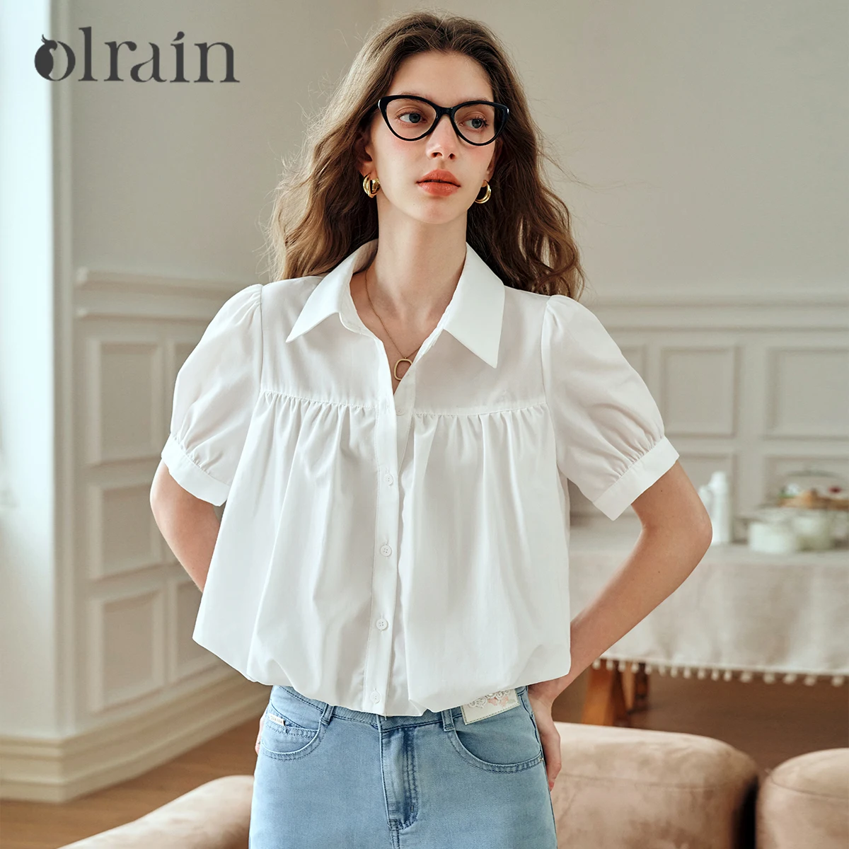 

OLrain Women Casual Summer Tops Short Sleeve White Shirts 2025 French Design Office Lady Relaxed-Fit Hem Blouses O24XC91805