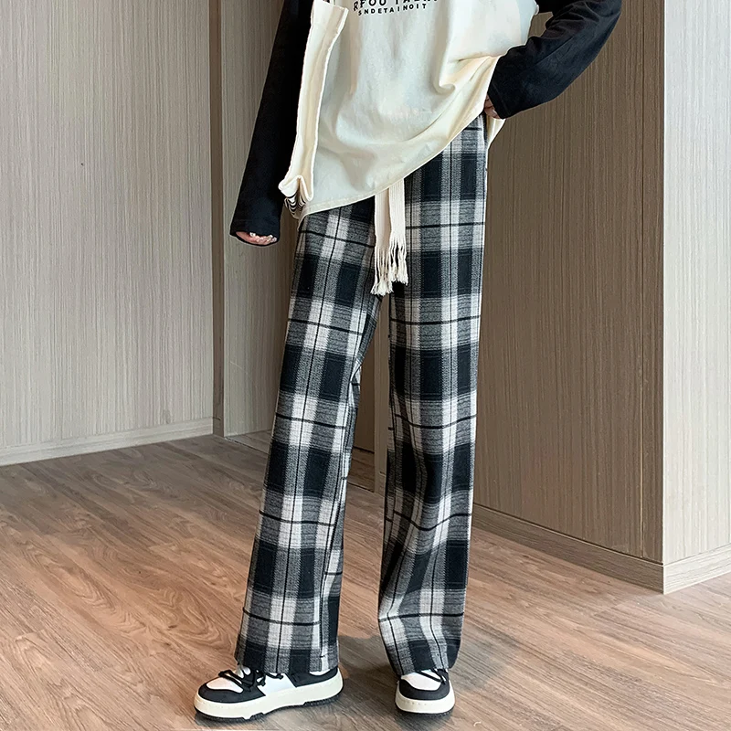 

Black White Plaid Pants Women Korean Fashion Casual Straight Baggy Trousers High Waist Wide Leg Pants Spring Autumn New