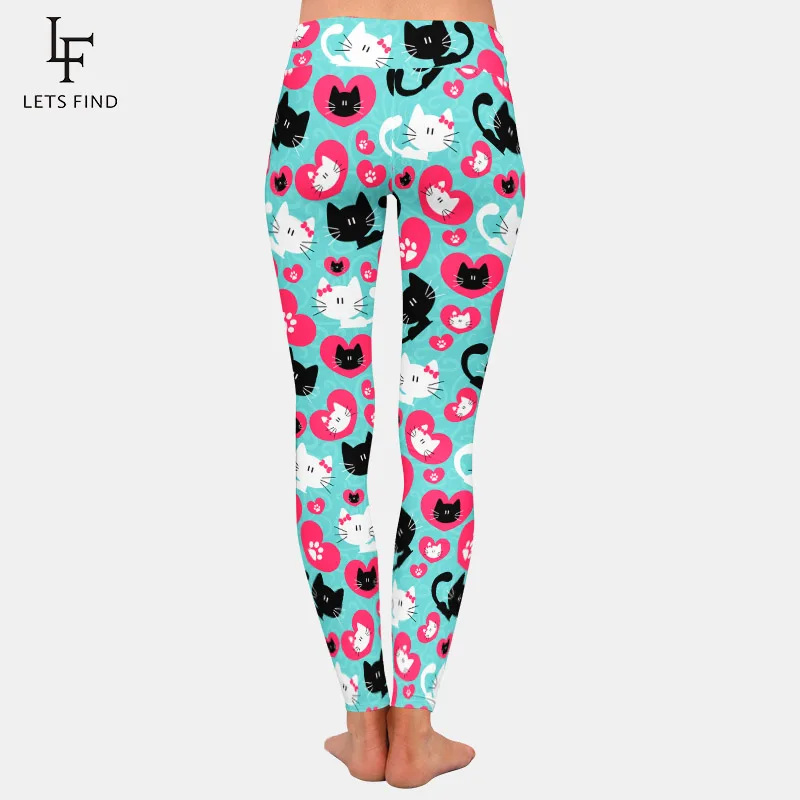 LETSFIND Leggings da donna a vita alta alta Quaility 3D Cute Cats Print Leggings elastici per il Fitness con stampa in seta di latte