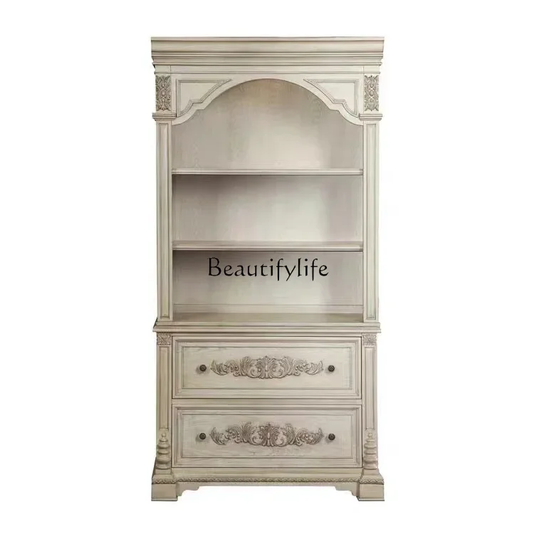 

05-ls 18American Country Retro Solid Wood Carved Bookcase European Style Study Bookshelf Vintage Display Decorative Cabinet