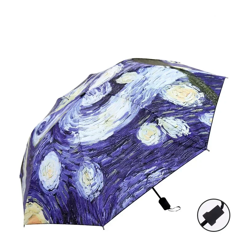 Folding Umbrella Female Windbreak Van Gogh Oil Painting Umbrella Rain Female Quality Black Coated Sunshade Umbrella