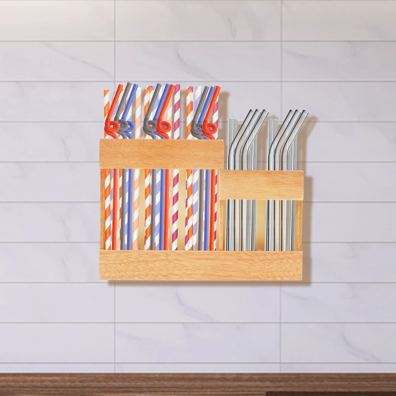 

Wood Reusable Straw Dispenser Organizer Compact Long and Short Straw Holder with Double Side Adhesive for Countertop