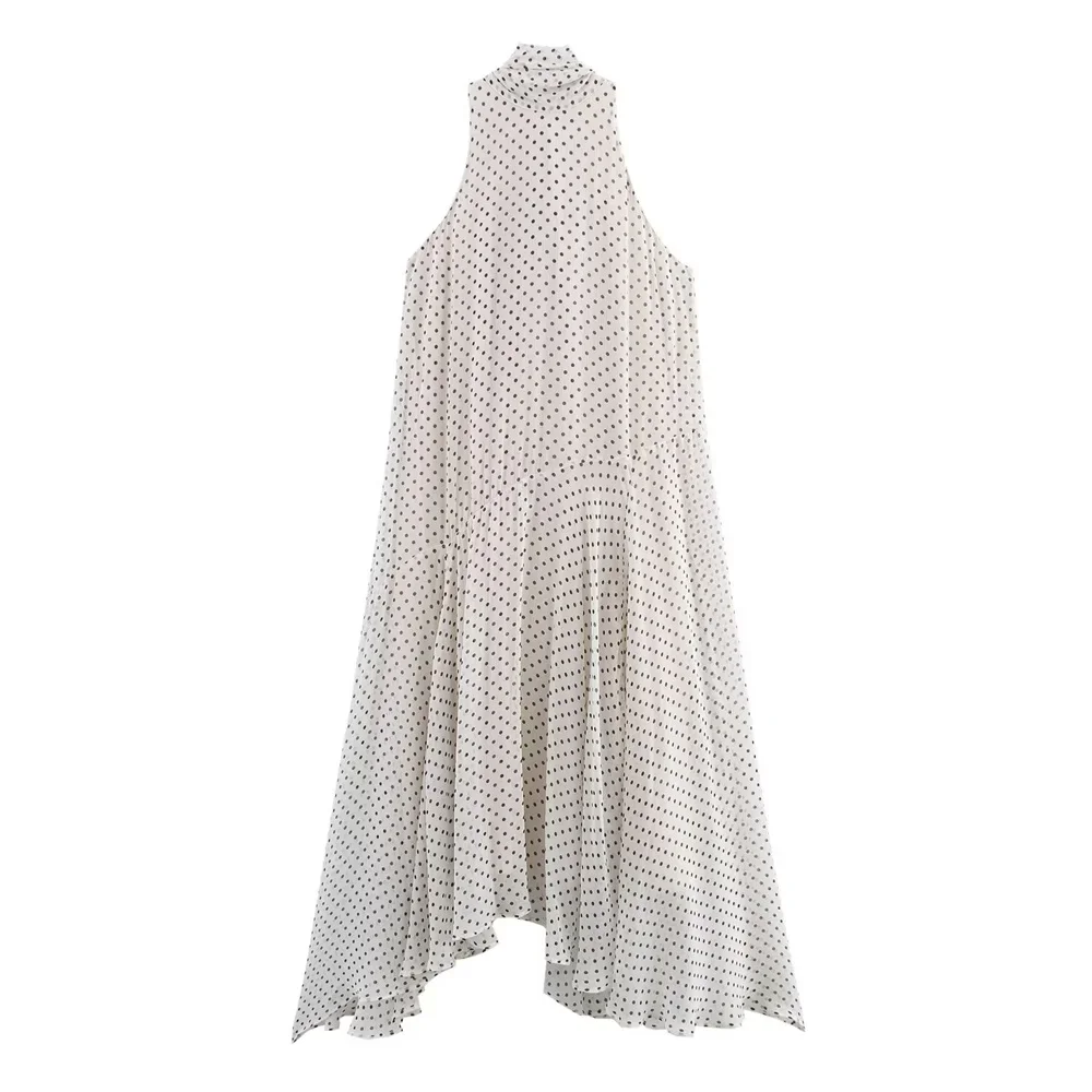 Sukienka damska PB&ZA 2025 bez rękawów, z dekoltem typu halter, w kropki, z asymetrycznym dołem, stylowa i elegancka, idealna na lato i imprezy.