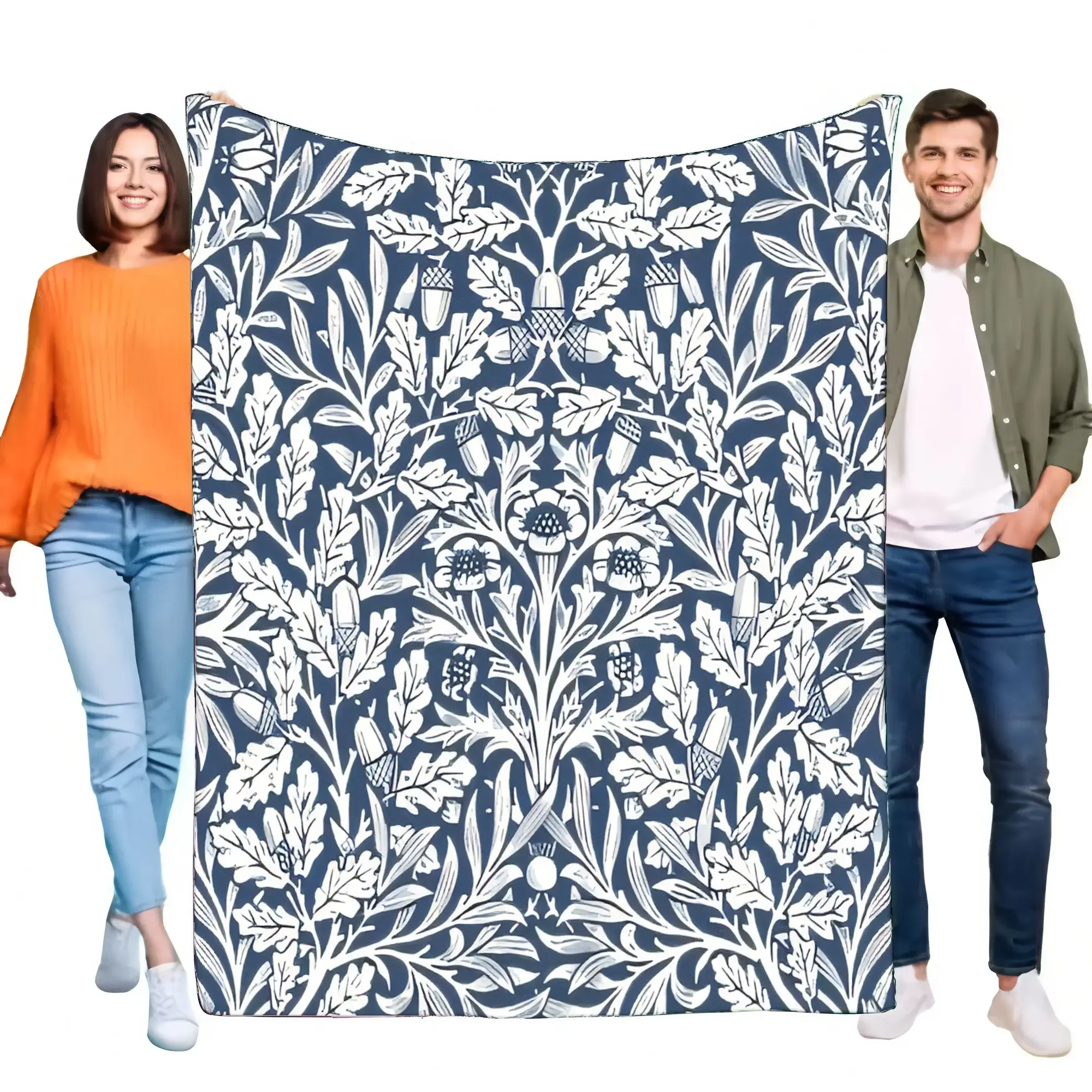 William Morris Acorn Oak Leaf Blanket | Soft Cozy Lightweight Navy Blue White Botanical Throw for Bed Sofa Decor Gift