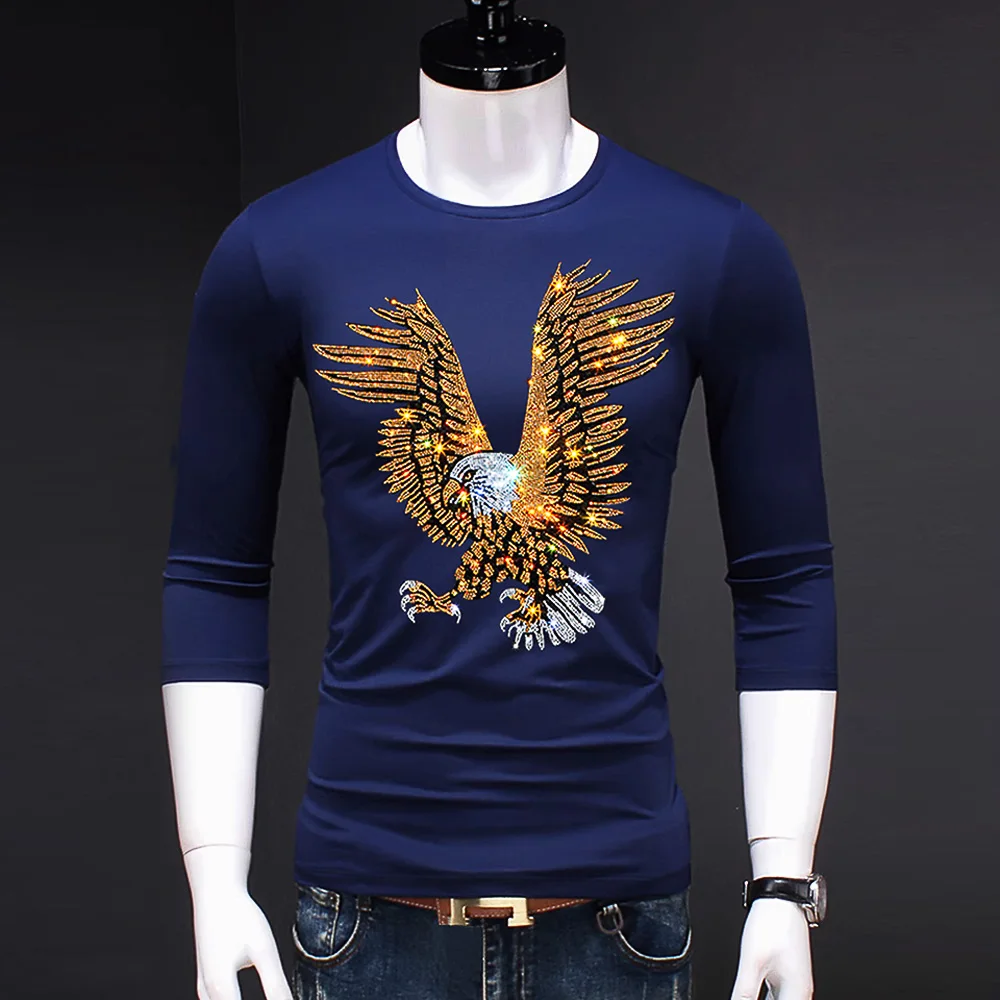 England Style Fancy Tshirt Man Diamond Print Long Sleeve T-shirt Men\'s Fashion Summer Rhinestone Eagle Design Bottom T Shirts