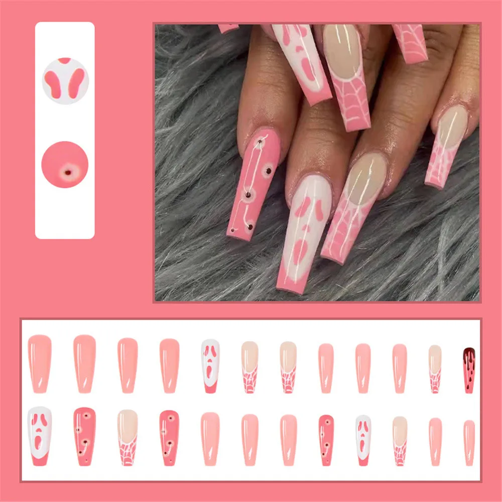 Halloween Party Manicure Long Ballerina Nails Set Press On Nails Pink Ghost Fake Nails With Designs French Coffin Nail Tips