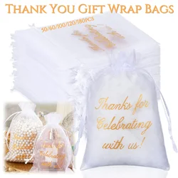 180-50Pcs Thank You Gift Bags White Wedding Favor Bags Organza Gift Wrap Bags for Wedding Bridal Shower Party Favor 10x15cm