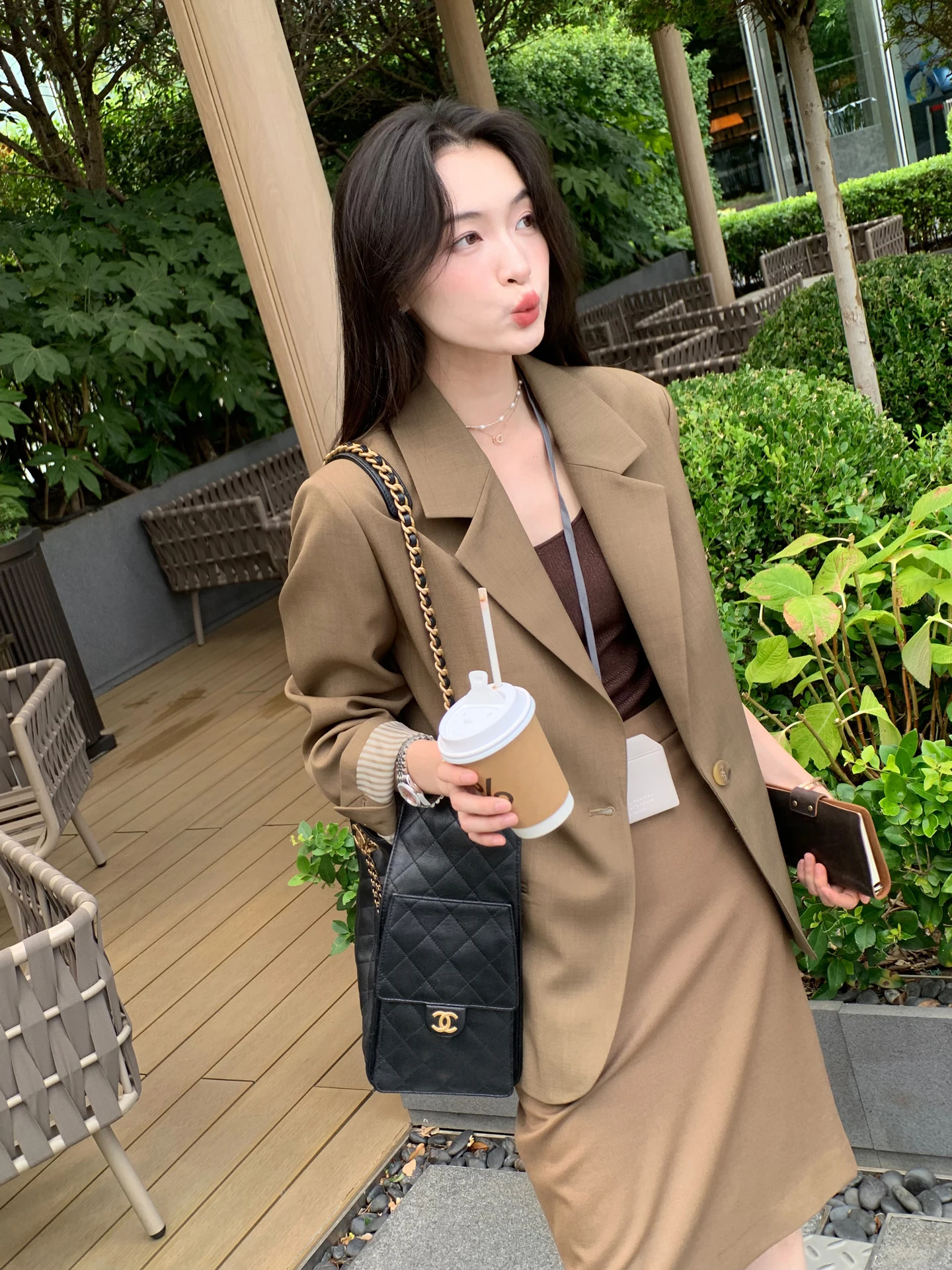 Folelse Traje de corte ancho para mujer Jaet principios de otoño viaje Sle largo Sve cierre de un botón mezcla de poliéster y spandex