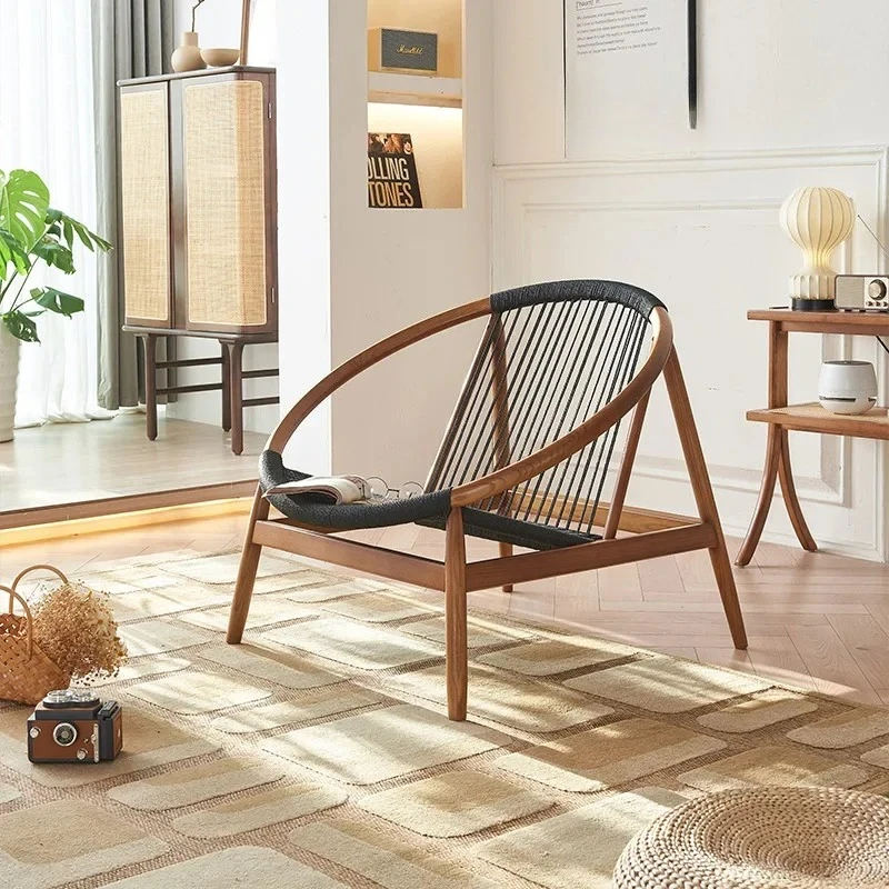 Modern simple leisure chair black hemp rope woven living room home ash wood bed and breakfast solid wood round sofa chair