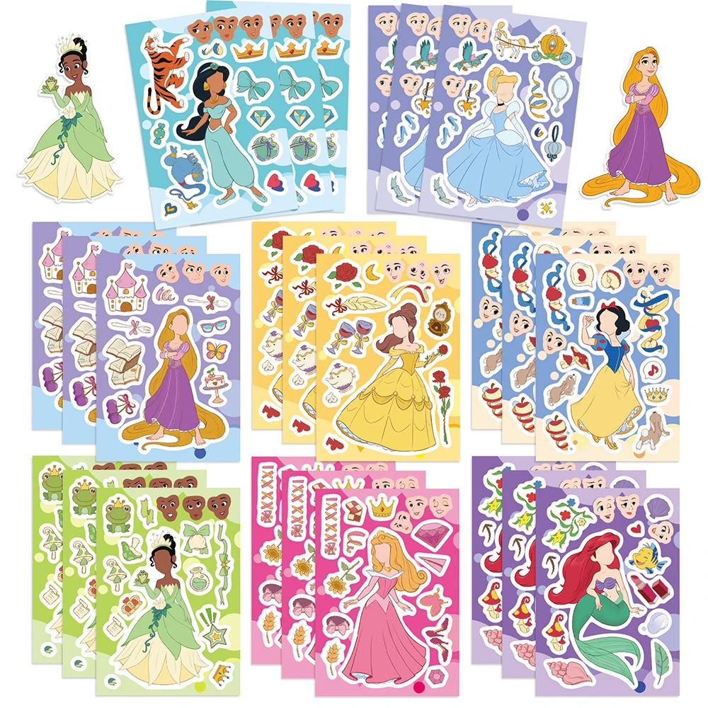 

8/16sheets Children DIY Puzzle Stickers Disney Princess Make a Face Assemble Jigsaw Decals Game Kids Party Toys Boys Girl Gifts