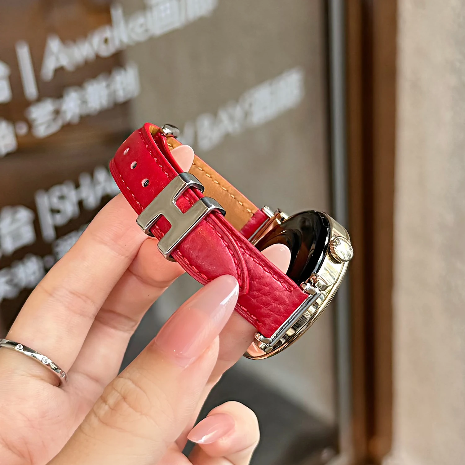 H-ring lychee patterned leather strap for Huawei wristband 8/9/10 11/11pro fit3 4/4pro  5/5pro girl gift  universal 18/20/22mm