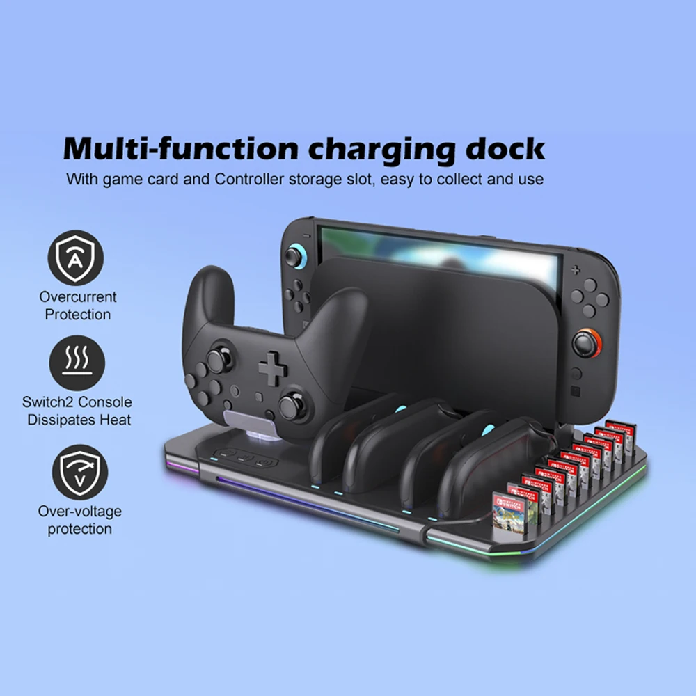 

Многофункциональная зарядная док-станция BK-SW2139 для Switch 2 – ультратонкая подставка, 9 режимов RGB-подсветки, вентилятор охлаждения, хранилище для 10 игровых карт