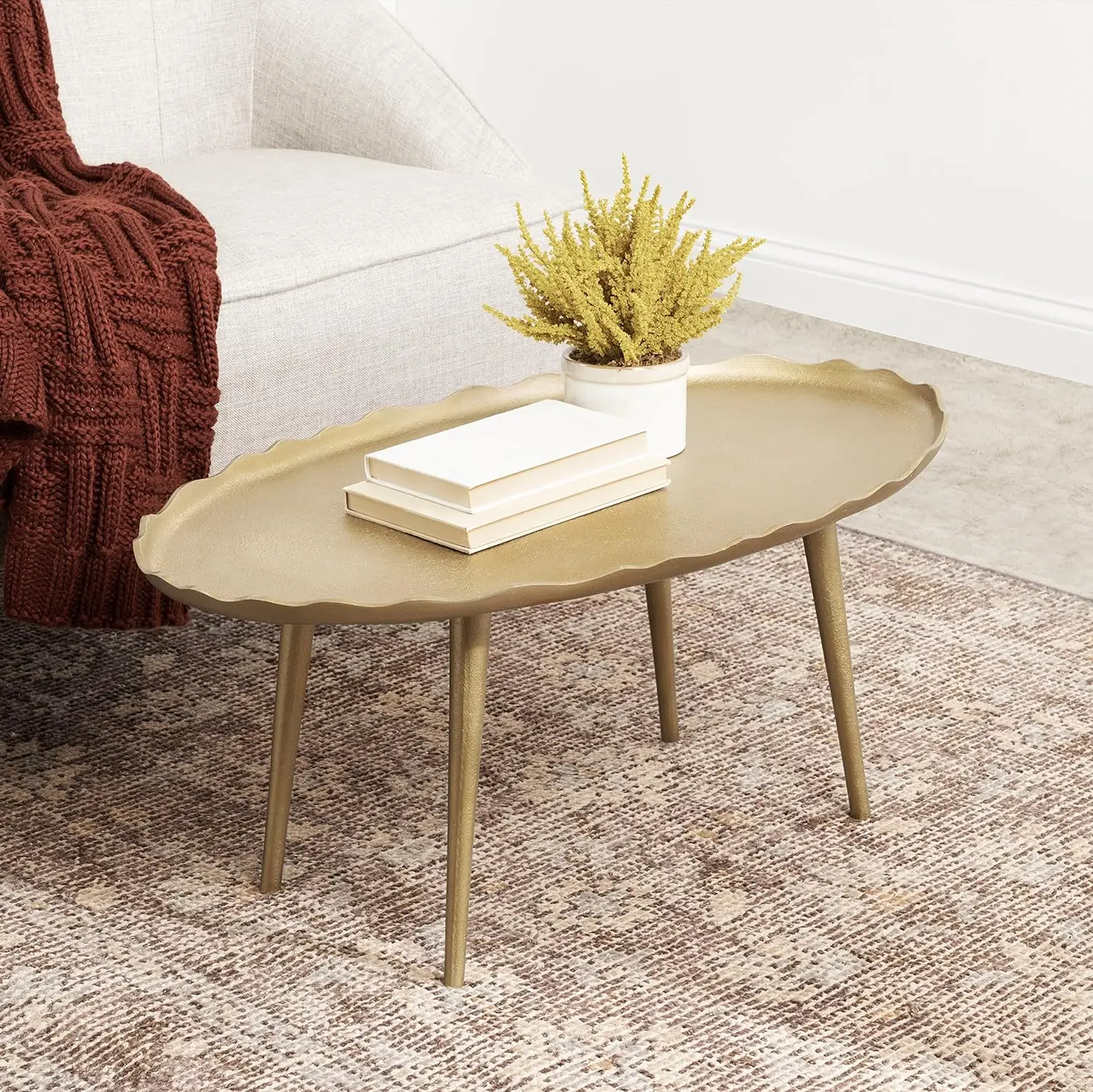 Oval Coffee Table with Unique Deckled Edge for Living Room Home Decor Center Table, 34x20x15, Gold