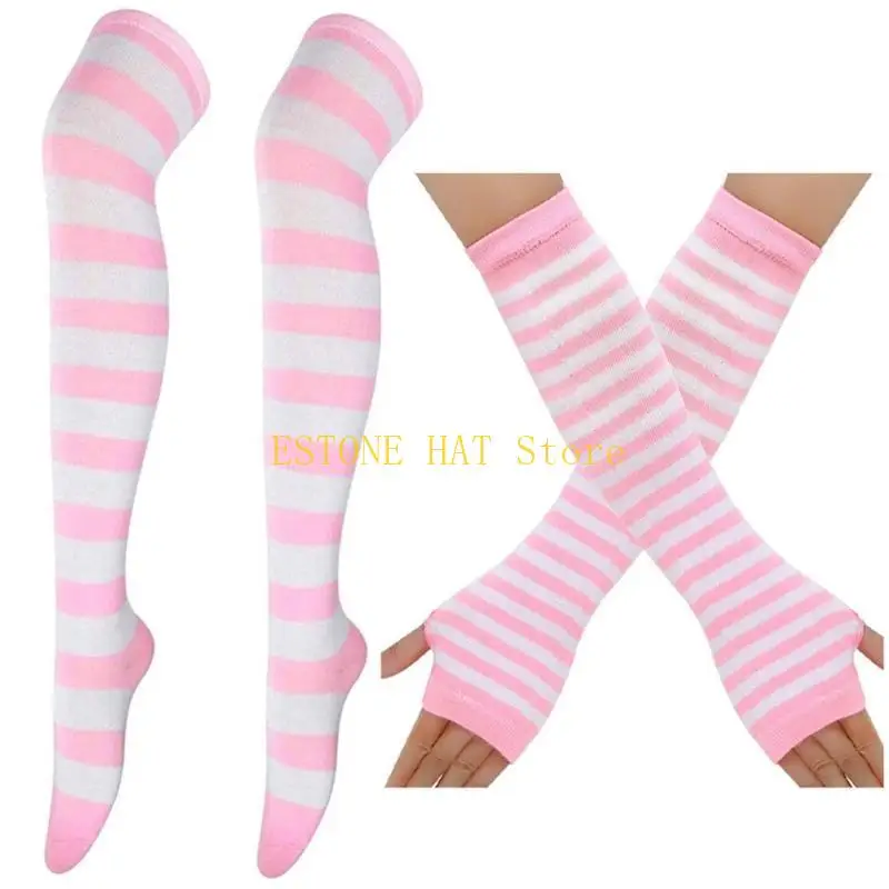 49MF Colorful Stripe Stockings Fingerless Gloves Set for Women Cosplay Party Props