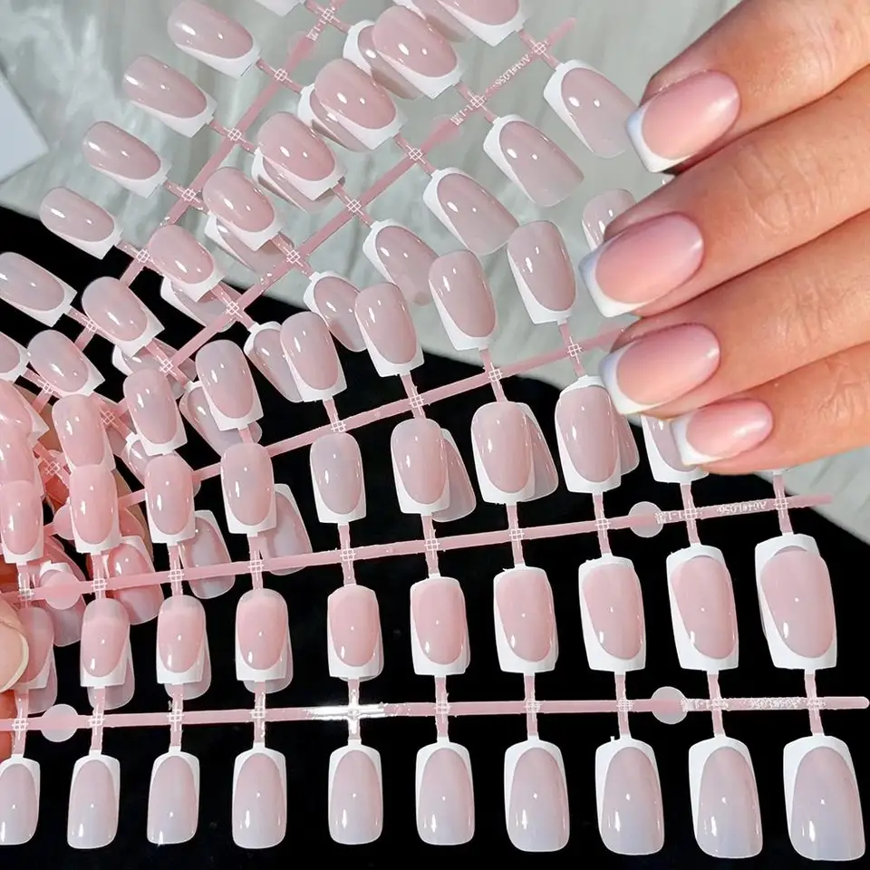 120 piezas uñas postizas francesas con borde de colores, 12 tamaños, cuadradas medianas brillantes