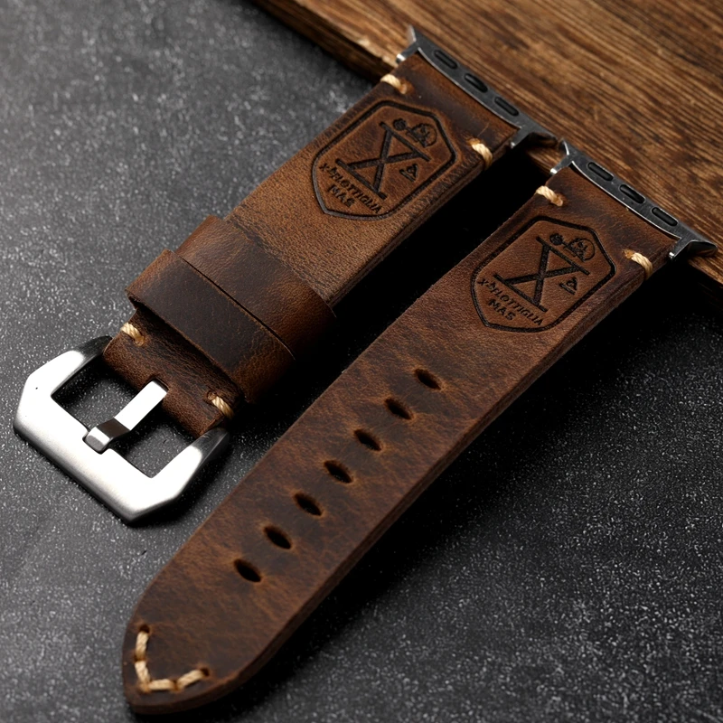 Handmade Vintage Crazy Horse Leather Bracelet 40MM 44MM 45MM 49MM Fits Apple Watch S8 Ultra Folded Thick Brown Strap