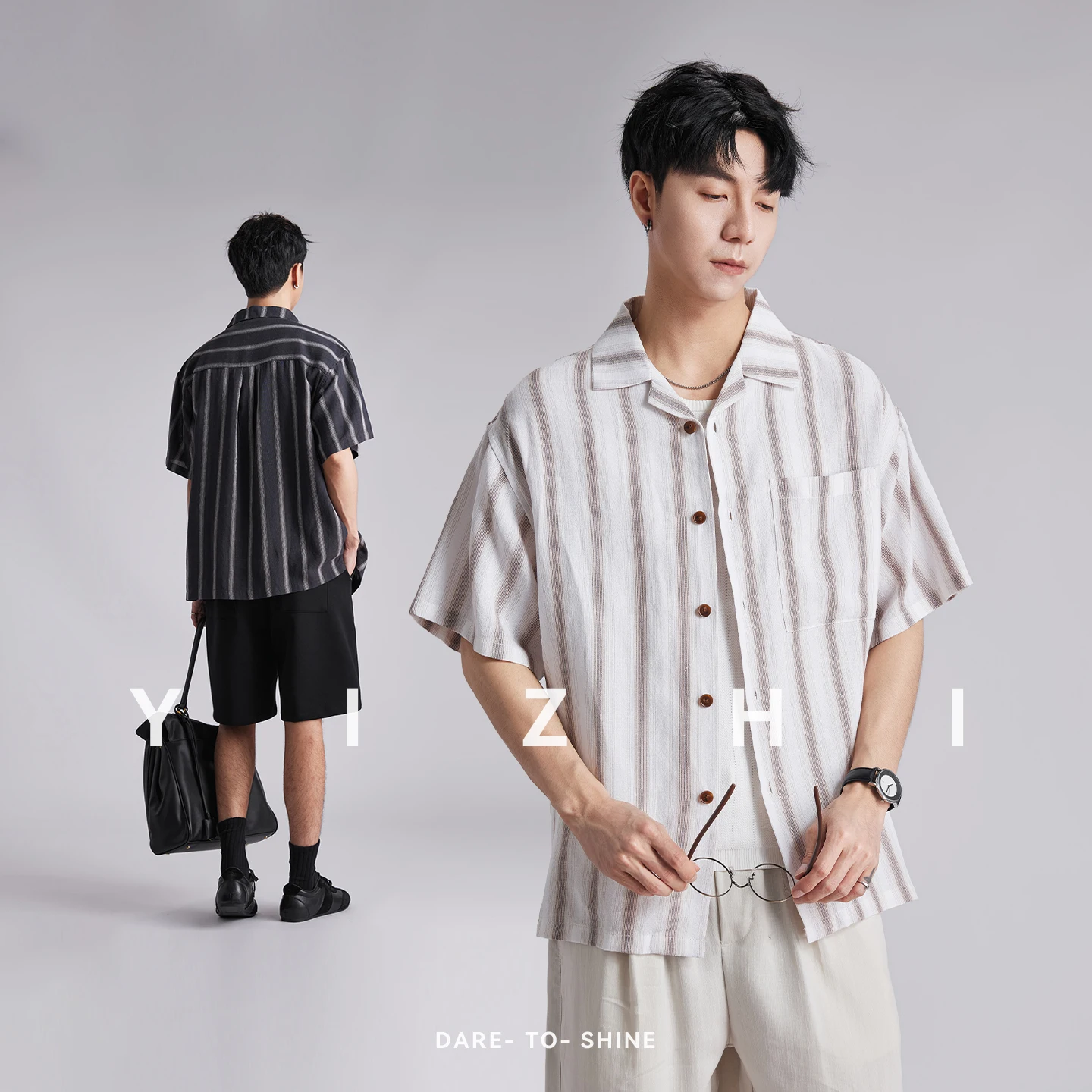 Men's American Vintage Striped Cuban Collar Short Sleeve Shirts Summer Loose Drop Shoulder Casual Blouses Trendy Oversized Shirt