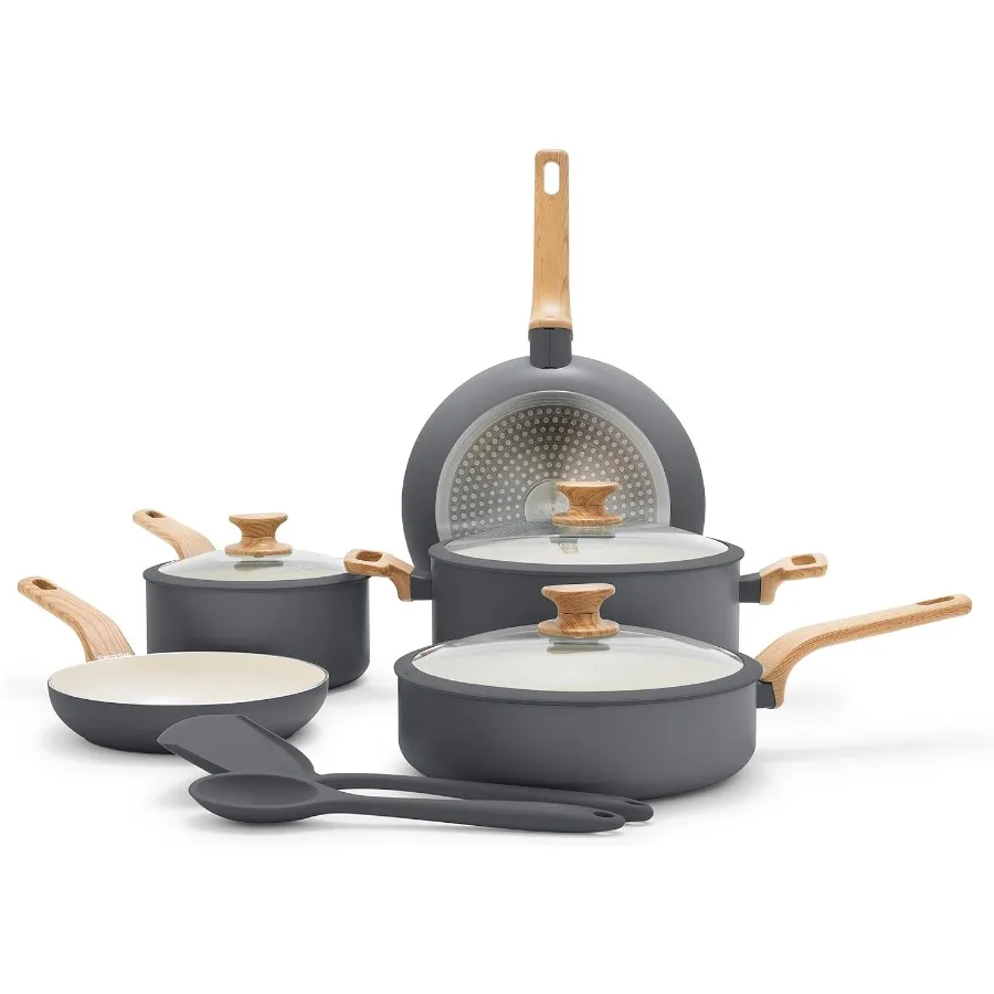 

Rio Essence Wood 10 Piece Cookware Pots and Pans Set for Healthy Cooking with Ceramic Nonstick Coating Free of PFOA and PFAS Co