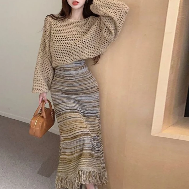 

Retro Style Outerwear Pullover Knitted Cover for Women, Autumn Atmosphere, Camisole, Fur Vest, Tassel Long Skirt Set