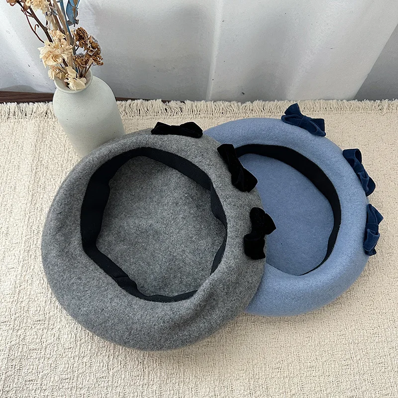 Koreanische Version Wollmischung Süße Baskenmütze für Damen, Herbst- und Winter-Samtschleifendekoration, Elegante Warme Malermütze – Detail 7