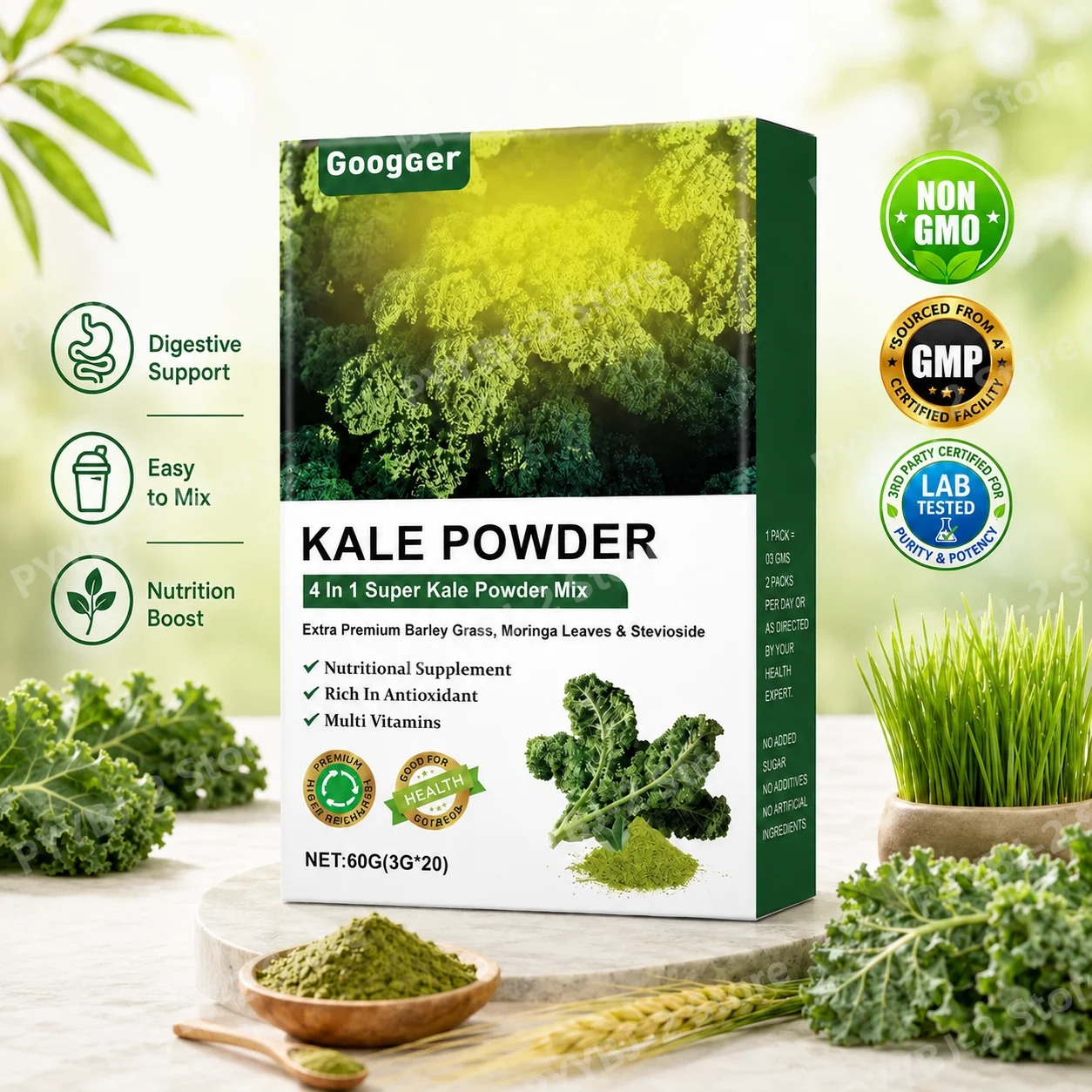 4 in 1 Kale Powder Super Greens Blend with Barley Grass Moringa Nutritional Supplement 20 Sachets Digestive Antioxidant Support