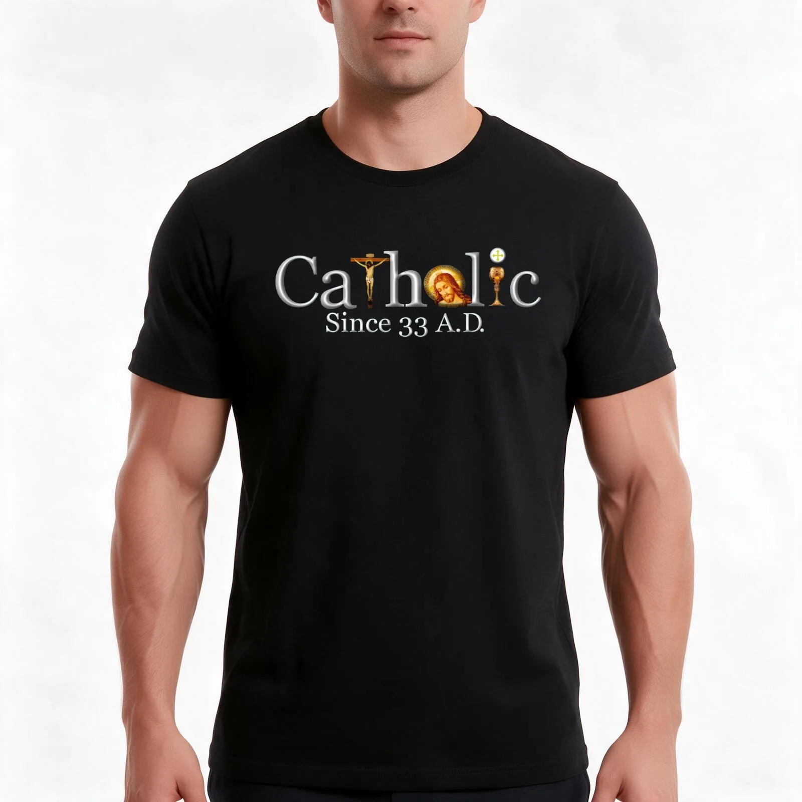 Catholic Since 33 AD T-Shirt, Summer Casual Cotton Tee, Oversized Streetwear Tops, Vintage Graphic Print, Loose Fit Short Sleeve