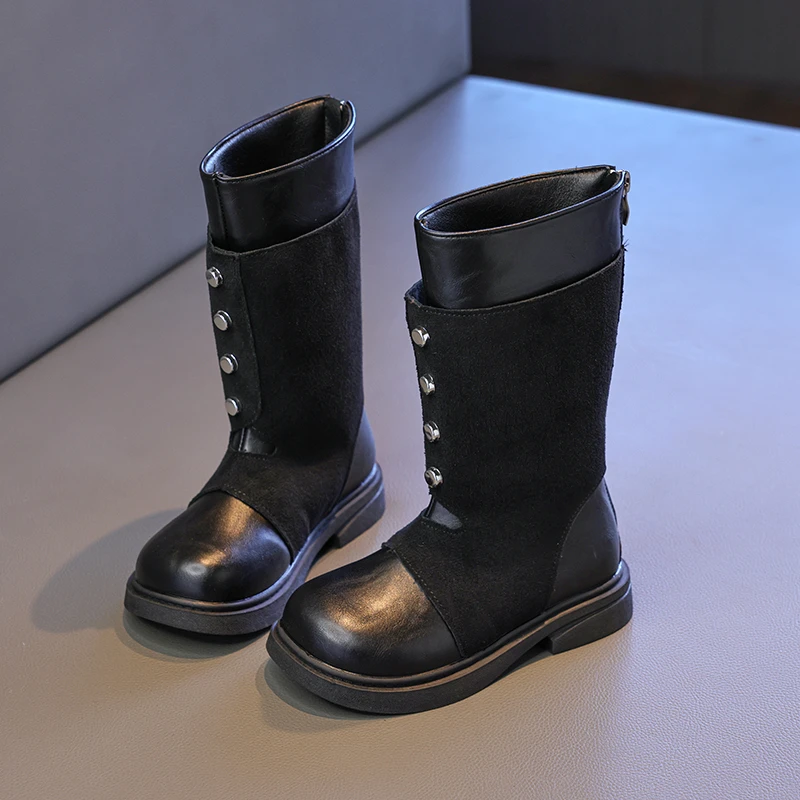 Winter Children Vintage Long Boots Warm Thick Bottom Girls Mid-calf Boots School Outdoor Non-slip Kids Cotton Boots Black Brown