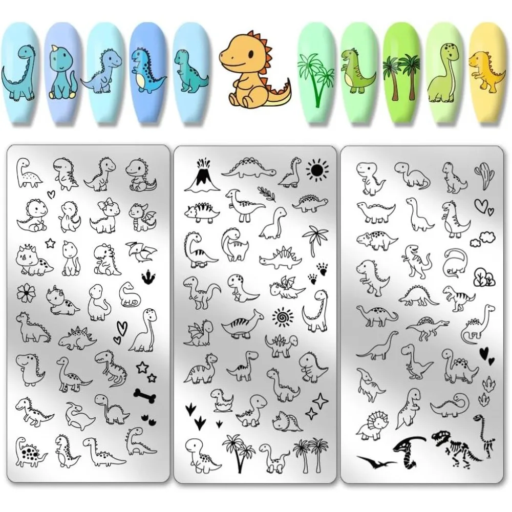 3pcs Dinosaur Nail Stamping Plates Cute Little Dinosaur Nail Art Templates Love Sun Plant Stencils Stainless Steel Image Plates