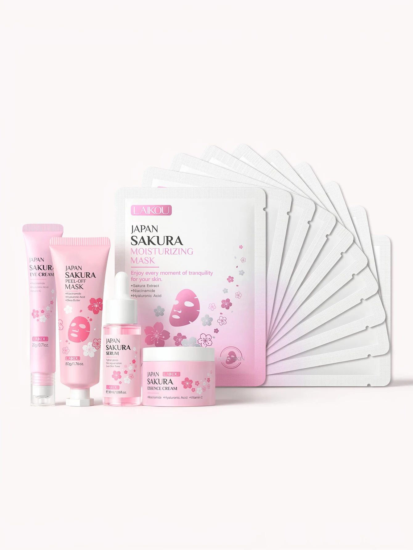 LAIKOU 5Pcs Japan Sakura Skin Care Set Serum Essence Cream Triple Roller Eye Serum Hydrating Mask Peel Off Mask Facial Kit