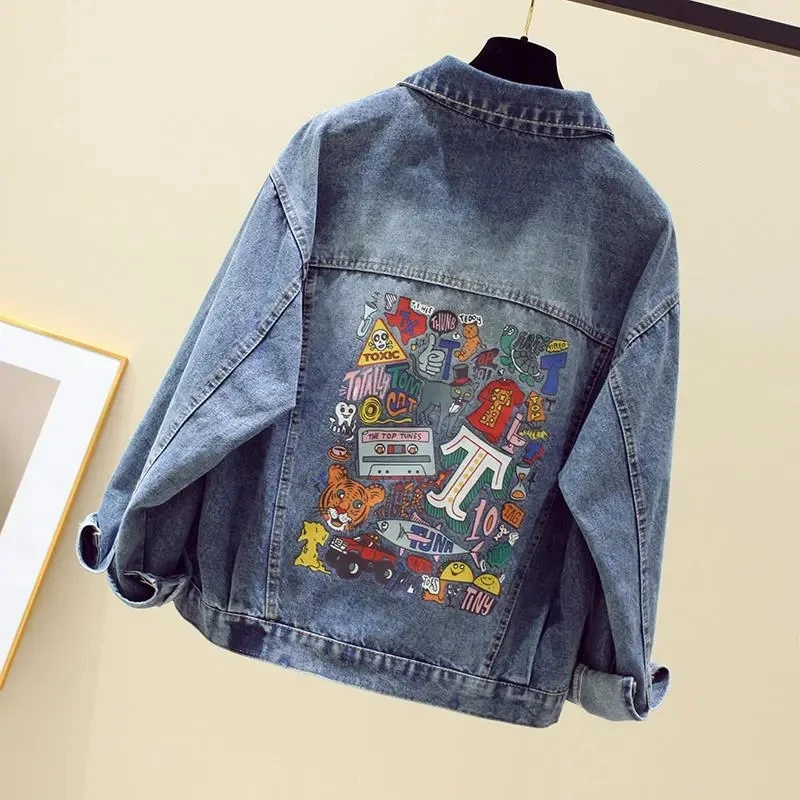 

Korean Hong Kong style Denim Jacket Women's Autumn New Loose Versatile BF style Jackets Top Women Casual Short Printed Outwear