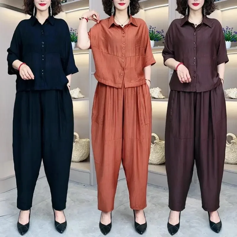 

Korean Middle Aged Mother Fashion Trousers Summer Ladies Short Sleeve Pant 2PCS 2025 Female Tops Casual Pantalons Two-piece Set