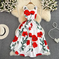 Retro Floral Print Sleeveless Elegant Flare Dress A-line Casual Beach Vacation Dress Women Fashion Evening Party Summer Vestidos