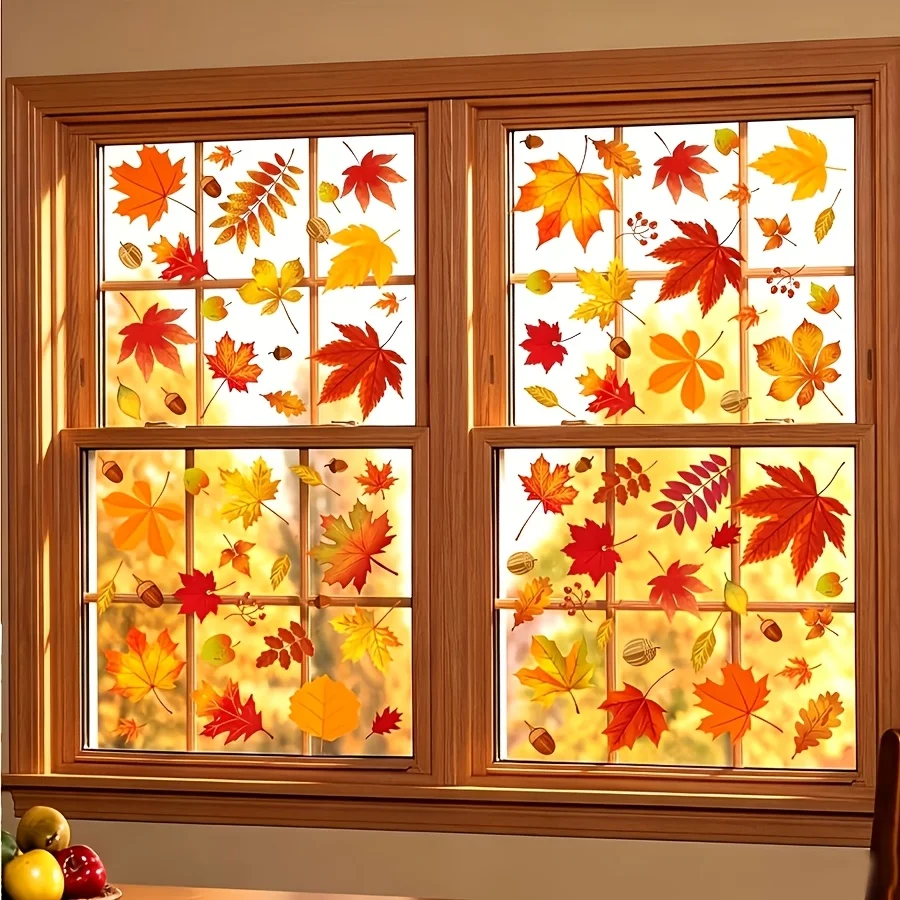 72pcs Autumn Harvest Festival Window Clings - Maple Leaves, Pine Cones, Autumn Leaves in Various Colors (Red, Yellow, Orange)