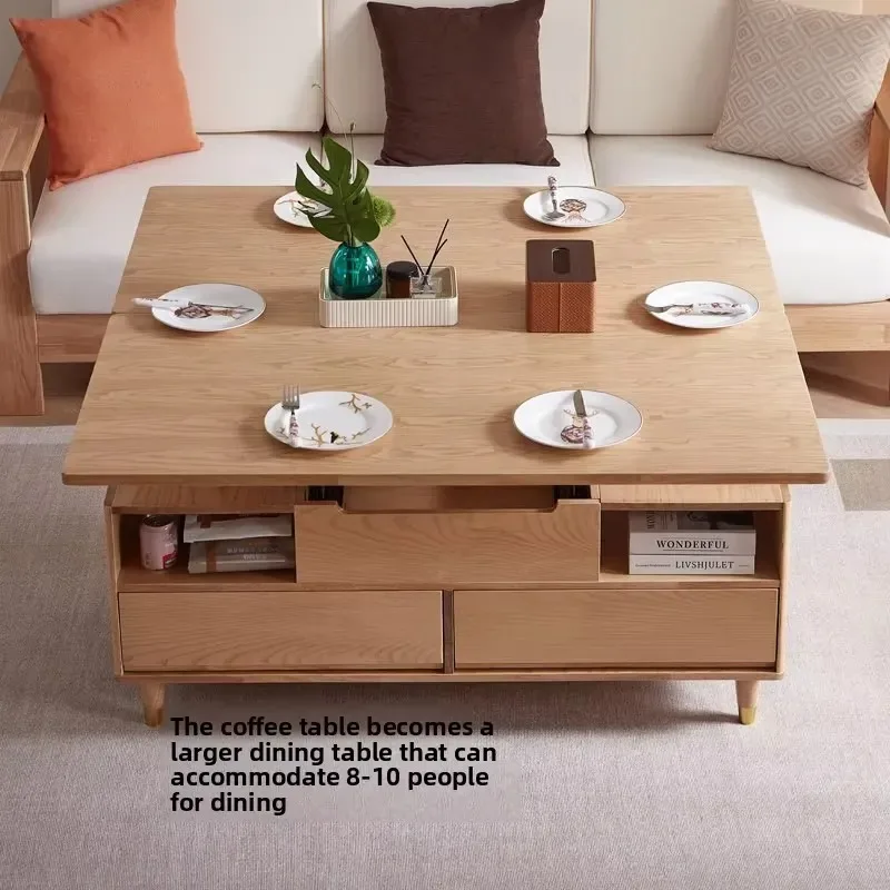 Nordic all solid wood folding multifunctional coffee dining table storage living room furniture oak desktop suitable for