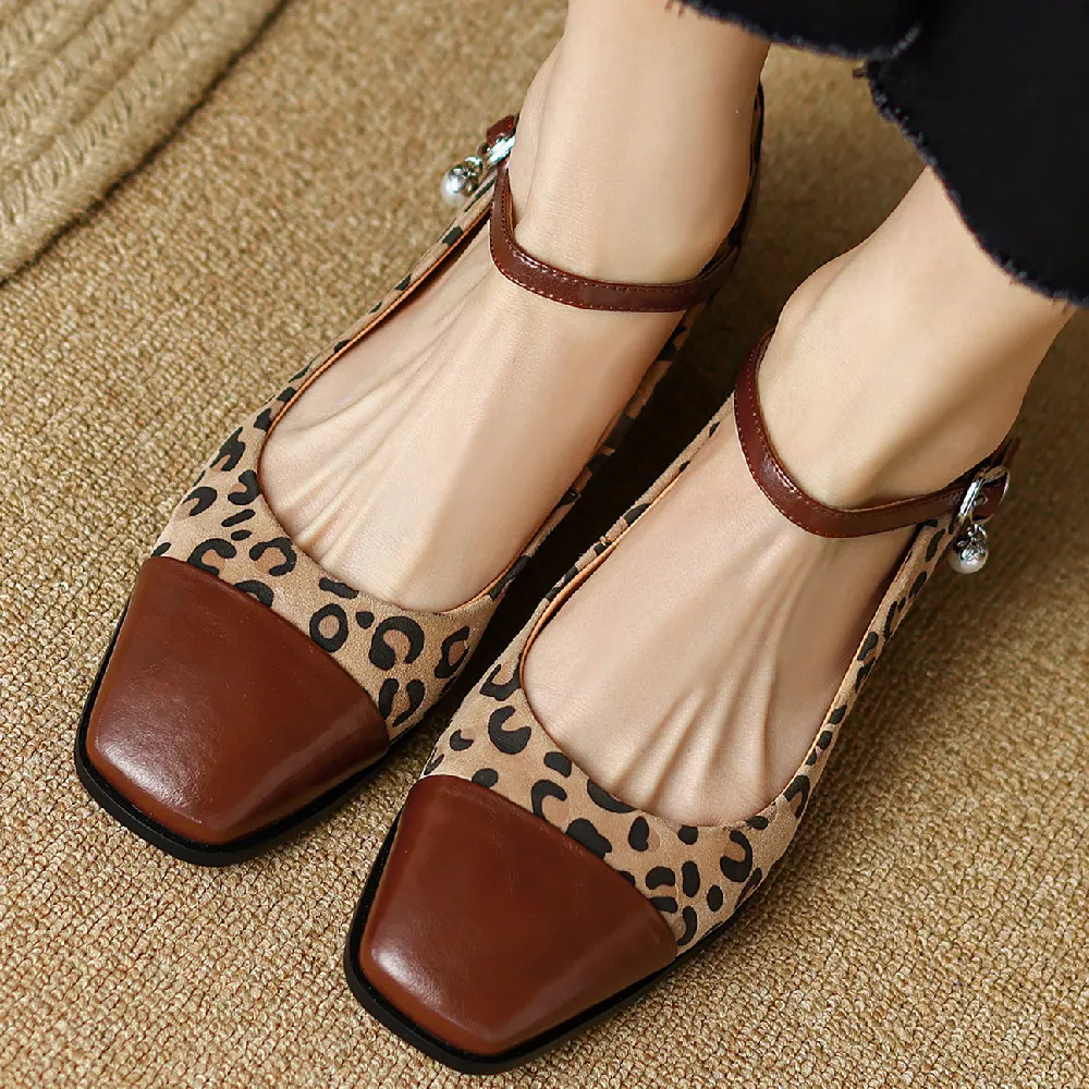 Women\'s genuine leather leopard fabric patchwork square toe metal belt slip-on mary jane flats leisure soft comfortable shoes