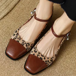 Women's genuine leather leopard fabric patchwork square toe metal belt slip-on mary jane flats leisure soft comfortable shoes