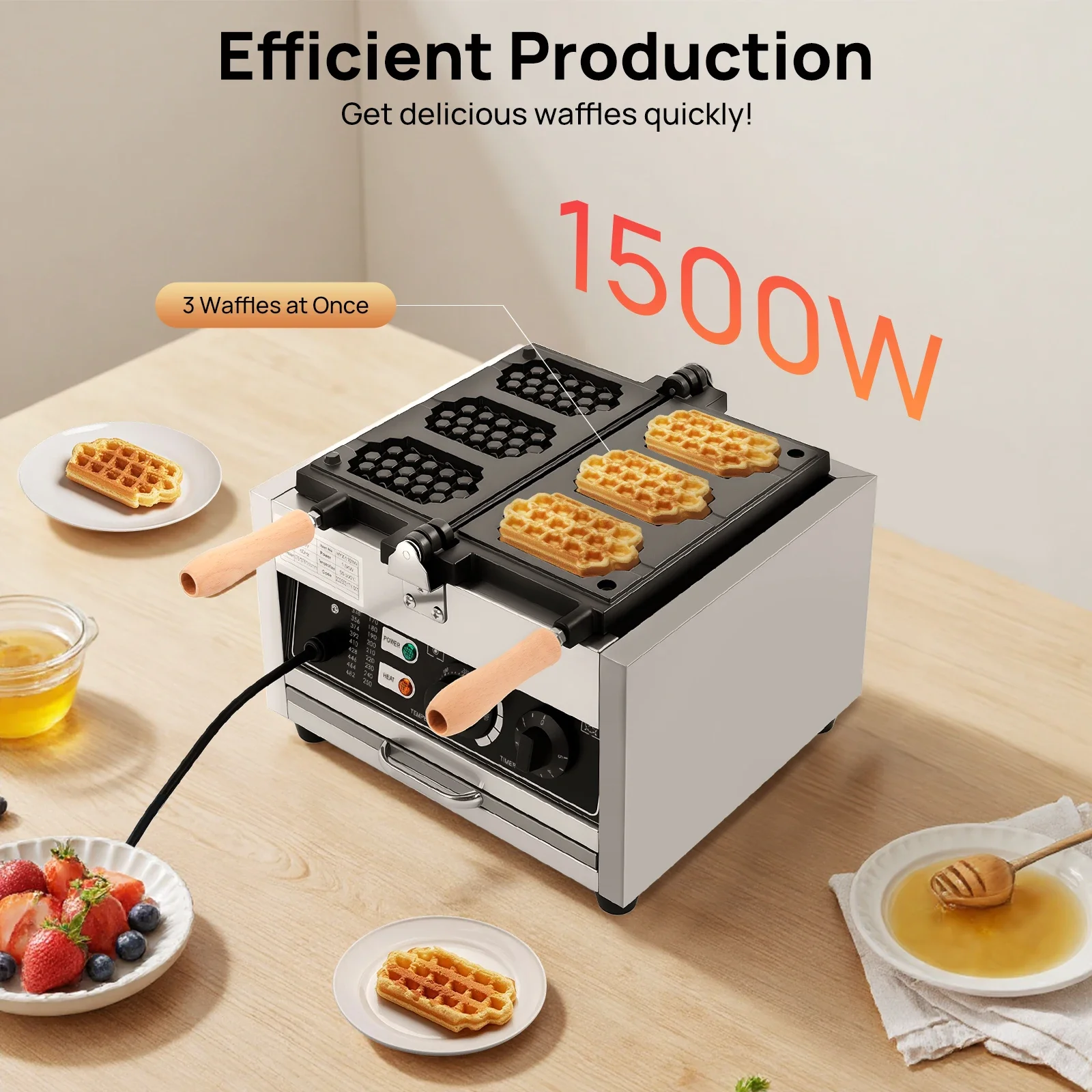 1500W Waffle Maker,50~300℃ Commercial Flippable Donut Waffle Maker,Non-Stick Coating Surface Temperature Control,110V