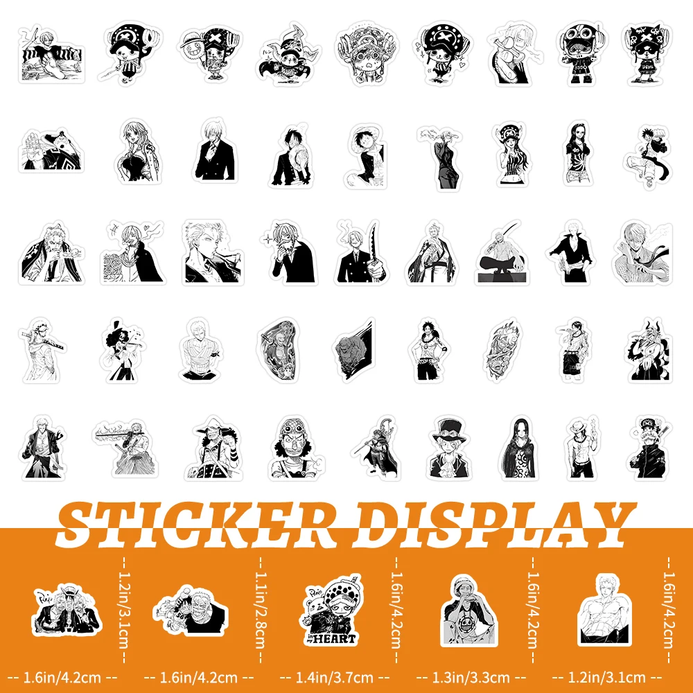 10/30/50/103PCS Black White One Piece Stickers Cute Luffy Cartoon Decals Decoration DIY Notebook Bike Phone Laptop Funny Kid Toy