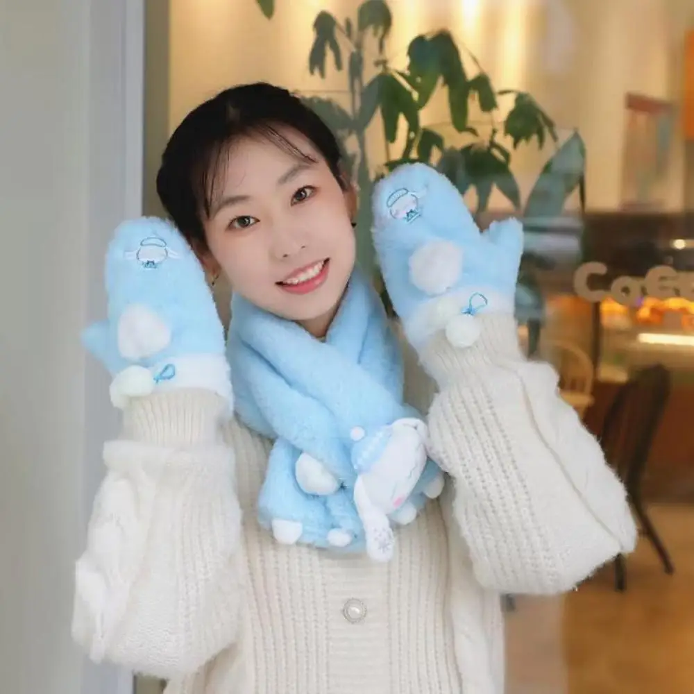 Sanrioed Kawaii Cinnamoroll Plush Scarf Gloves Anime Winter Cartoon Thicken Keep Warm Gloves Girls Cute Christmas Festival Gift