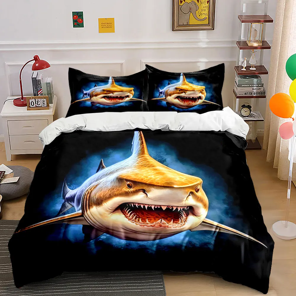 Shark with aggressive expression. Print Bedding Set 1 Duvet Cover 2 Pillowcases for Adult and Children Luxury Gift Full Size